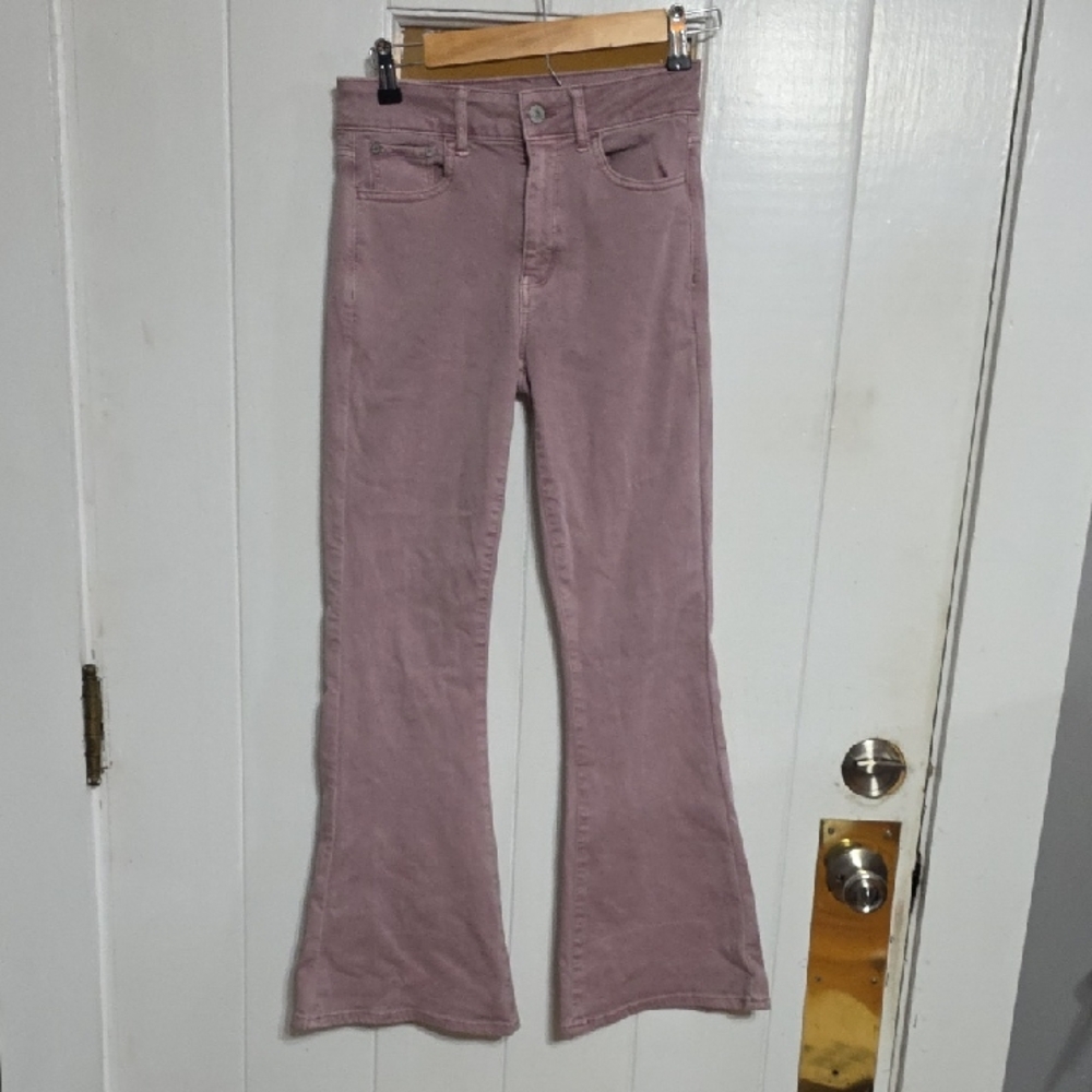 American Eagle Outfitters Juniors Super Hi-Rise Flare Jeans Light‎ Mauve Sz 00R
